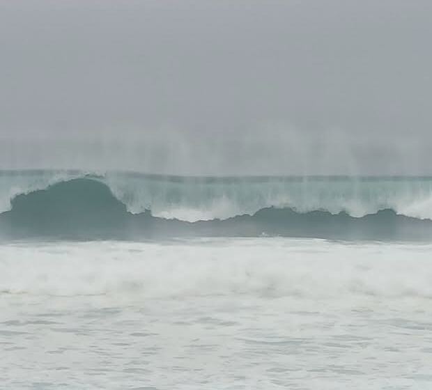 A wave breaking, photographed from the shore